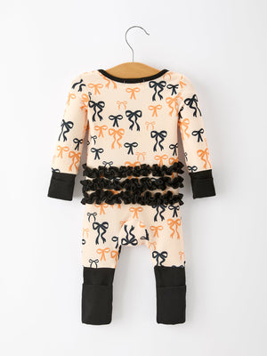 Halloween Bow Print Baby Girl Pajamas Ruffle Zipper Romper — view 2