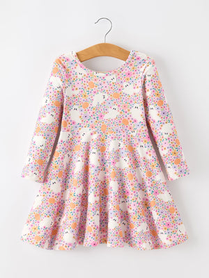 Halloween Ghost Print Girls Twirl Dress Long Sleeve — view 1