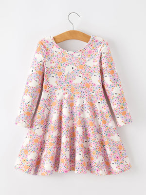 Halloween Ghost Print Girls Twirl Dress Long Sleeve — view 2