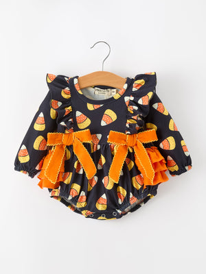 Halloween Candy Corn Baby Girl Bubble Romper Ruffle — view 1