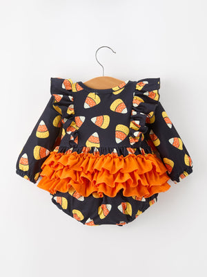 Halloween Candy Corn Baby Girl Bubble Romper Ruffle — view 2