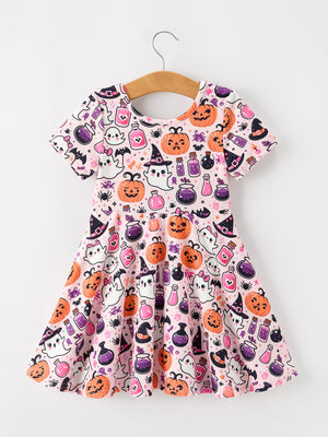 Halloween Pumpkin Ghost Print Girls Twirl Dress Short Sleeve — view 2