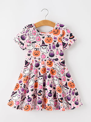 Halloween Pumpkin Ghost Print Girls Twirl Dress Short Sleeve — view 1