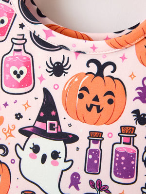 Halloween Pumpkin Ghost Print Girls Twirl Dress Short Sleeve — view 3