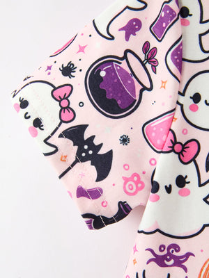 Halloween Pumpkin Ghost Print Girls Twirl Dress Short Sleeve — view 4