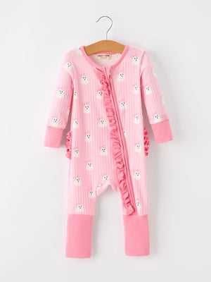 Halloween Ghost Baby Girl Pink Pajamas Ruffle Zipper Romper — view 1