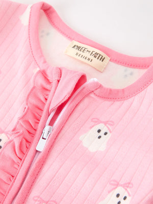 Halloween Ghost Baby Girl Pink Pajamas Ruffle Zipper Romper — view 3