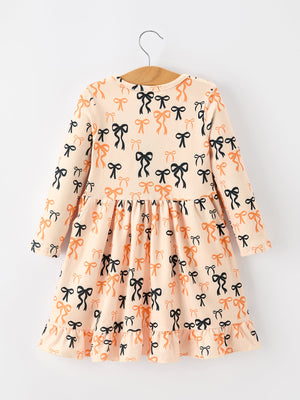 Halloween Bow Print Girls Twirl Dress Long Sleeve with Pockets — view 2