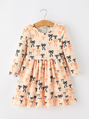 Halloween Bow Print Girls Twirl Dress Long Sleeve with Pockets — view 1