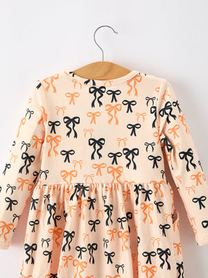 Halloween Bow Print Girls Twirl Dress Long Sleeve with Pockets — view 3