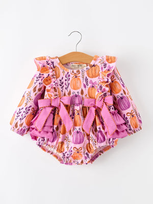 Halloween Thanksgiving Pumpkin Girls Romper with Ruffle Bow — view 1