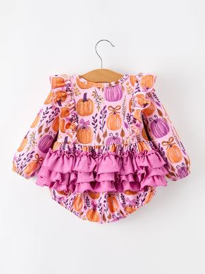 Halloween Thanksgiving Pumpkin Girls Romper with Ruffle Bow — view 2