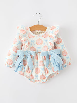 Halloween Thanksgiving Baby Girls Pumpkin Bow Ruffle Bubble Romper — view 1