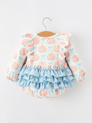 Halloween Thanksgiving Baby Girls Pumpkin Bow Ruffle Bubble Romper — view 2