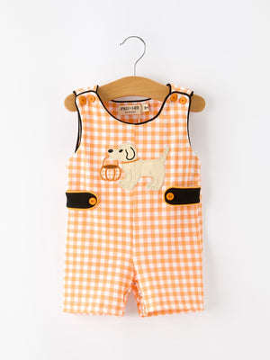 Boys Halloween Dog Pumpkin Jonjon Plaid Trim Outfit — view 1