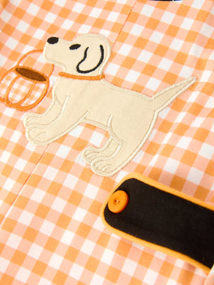 Boys Halloween Dog Pumpkin Jonjon Plaid Trim Outfit — view 4