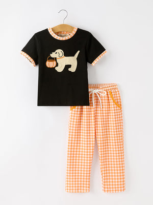 Boys Halloween Dog Pumpkin Outfit Set Plaid Pants — view 1