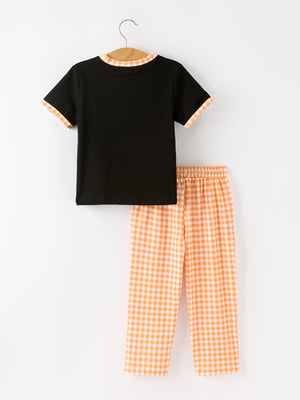Boys Halloween Dog Pumpkin Outfit Set Plaid Pants — view 2