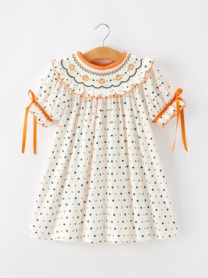 Halloween Pumpkin Smocked Girls Dress Polka Dot Ruffle Sleeve — view 1
