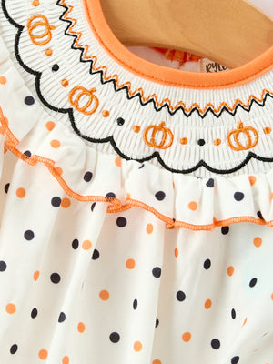 Halloween Pumpkin Smocked Girls Dress Polka Dot Ruffle Sleeve — view 3