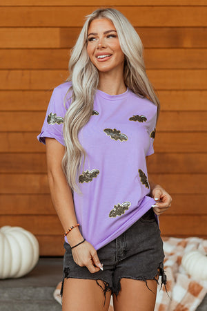 Wisteria Sequin Halloween Bat Patched Casual T Shirt — view 7