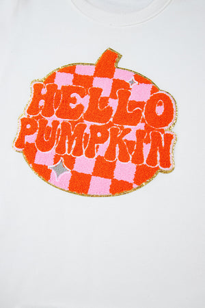 White Terry Halloween Pumpkin Patched Pattern Pullover Sweatshirt — view 20