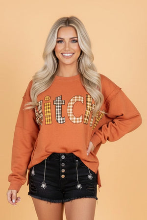 Halloween Witchy Plaid Patchwork Exposed Seam Sweatshirt — view 1