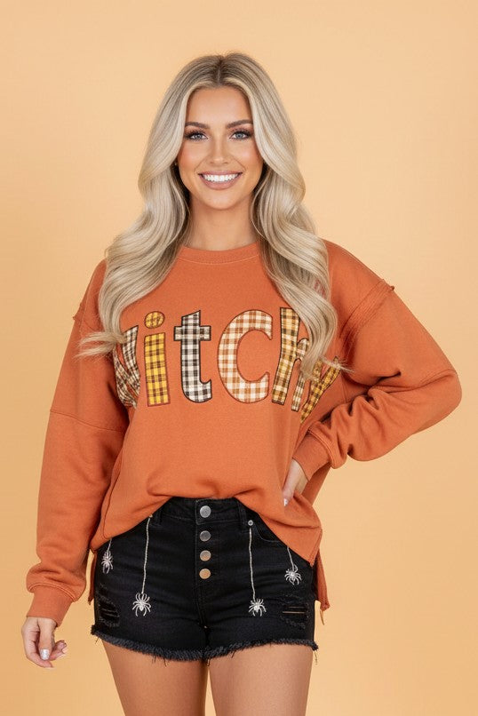 Halloween Witchy Plaid Patchwork Exposed Seam Sweatshirt
