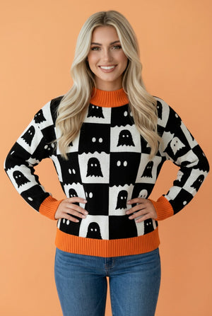 Halloween Ghost Checker High Neck Drop Shoulder Sweater — view 1