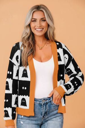 Halloween Ghost Colorblock Drop Shoulder Knit Cardigan — view 1