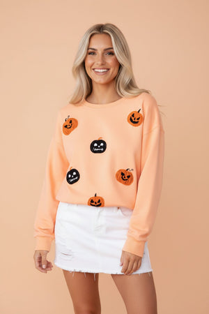Halloween Embroidered Jack-O-Lantern Drop Shoulder Sweatshirt — view 1