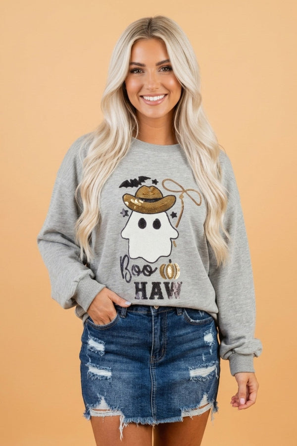 Halloween Western Ghost Sequin Graphic Long Sleeve Sweatshirt
