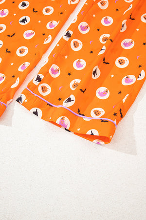 Orange Halloween Print Lapel Shirt Long 2pcs Pajama Set — view 12