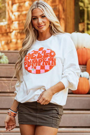 White Terry Halloween Pumpkin Patched Pattern Pullover Sweatshirt — view 7