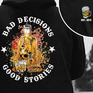 "Bad Decisions Good Stories" Halloween Hoodie – Gen X Pullover, Spooky Nostalgia — view 4