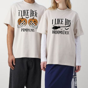 "I Like Her Pumpkins / I Like His Broomstick" T-Shirts - Funny Matching Couple Halloween Tees, Casual Spooky Style — view 2