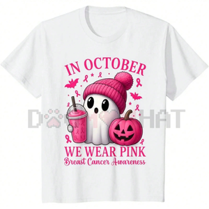 "In October We Wear Pink Breast" Cancer Awareness Tee – Cute Ghost & Pumpkin Graphic Print Shirt, Unisex Halloween Tops — view 2