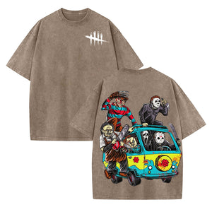 Halloween Scary Cartoon Character Print Dead By Daylight – Washed Tee, Cotton Menswear Top — view 2