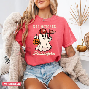 'Red October' Halloween Ghost T-Shirt – Spooky Baseball Philadelphia Tee, Phillies Fan Vintage Halloween Shirt — view 2