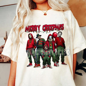 Merry Creepmas T-Shirt - Christmas Halloween Movies Characters Tee, Chibi Movie Characters Shirt — view 2