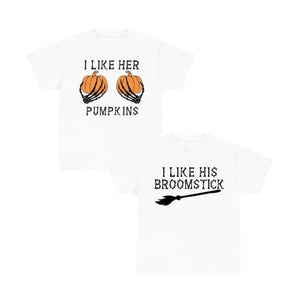 Halloween Couple T-Shirts – I Like Her Pumpkins / I Like His Broomstick — view 3