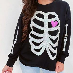 Sequin Skeleton Halloween Sweatshirt for Women – Spooky Casual Crew Neck Pullover, Long Sleeve Fall Streetwear — view 6