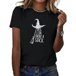 "Yes I Can Drive a Stick" Witch T-Shirt - Funny Halloween Graphic Tee, Women's All-Season Apparel — view 2