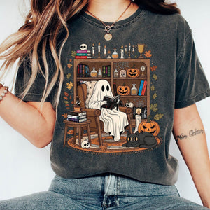 Retro Cozy Ghost Reading Halloween T-Shirt, Cute Spooky Bookshelf Tee, The Lords Series & Legacy of Gods, Book Lover Shirt, Spooky Season Gift — view 2