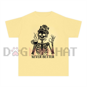 'Never Better' Skeleton Shirt – Halloween Humor Coffee Lover T-shirt, Spooky Fall Essential, Goth Aesthetic Tee — view 2