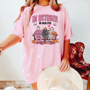 Women's "In October We Wear Pink" Halloween Graphic T-Shirt - Breast Cancer Awareness & Spooky Design Tee, Hot Topic Style Party Top — view 2