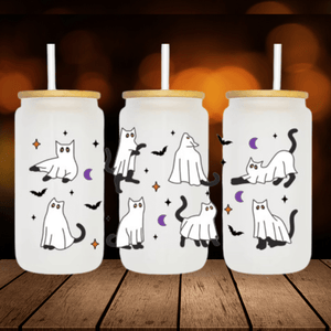 Halloween Ghost Cat Glass Cup – Coffee & Iced Drink Mug, Spooky Gift — view 6