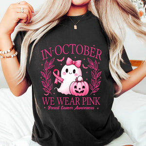 In October We Wear Pink T-Shirt - Retro Breast Cancer Awareness Tee, Halloween Pink Ghost Shirt — view 2