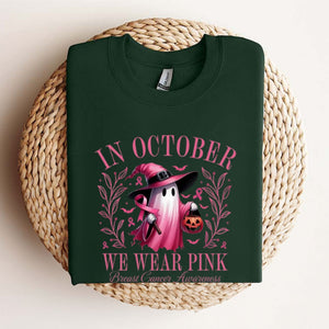 In October We Wear Pink Ghost T-Shirt - Breast Cancer Awareness & Halloween Tee, Pink Ribbon Shirt — view 2