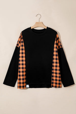 Halloween Pumpkin Gingham Patchwork Long Sleeve Top — view 2